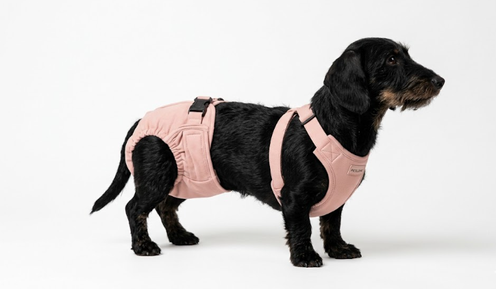 Dachshund wearing a Peekeeper diaper — front view