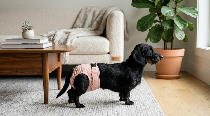Happy dachshund wearing a Peekeeper diaper at home